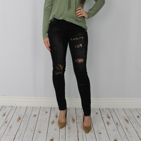 L&B Denim - Black Distressed Jeans with Lace Inserts